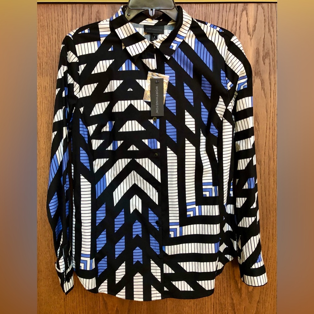 Worthington Women's Dress Shirt Size 8 Long Sleeve Button Geometric Black Blue